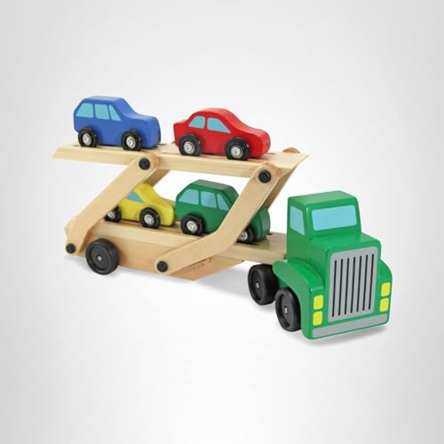 Melissa & Doug Car Carrier Truck and Cars Wooden Toy Set with 1 Truck and 4 Cars 5.75" x 12" x 3"