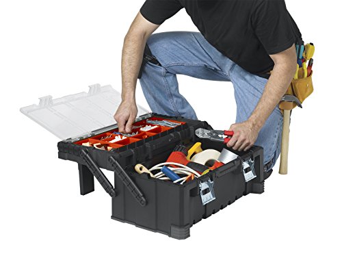 KETER 22 Inch Cantilever Plastic Portable Tool Box Organizer with Metal Latches for Small Parts, Hardware and Tool Storage and Organization