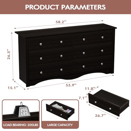 YESHOMY Black Dresser for Bedroom with 6 Drawers, 58" Wide Modern Chest of Drawers, Wooden Dresser, Storage Organizer for Living Room, Hallway