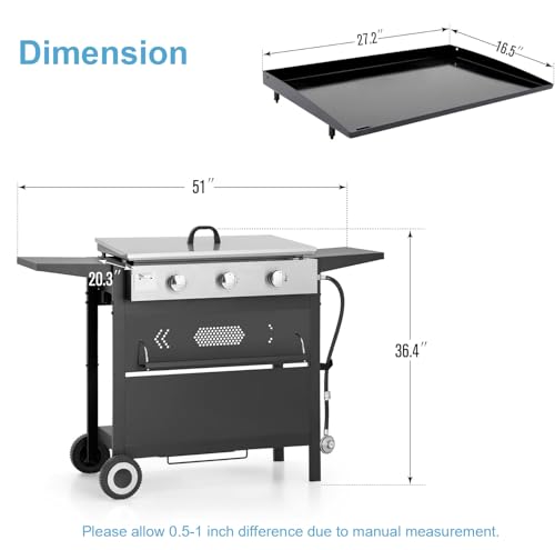 GREEN PARTY 3 Burner Propane Gas Griddle with Removable Standing Cart, Convertible to Tabletop Design, 27 inch Flat Top Grill for Outdoor Cooking Camping Tailgating Barbecue
