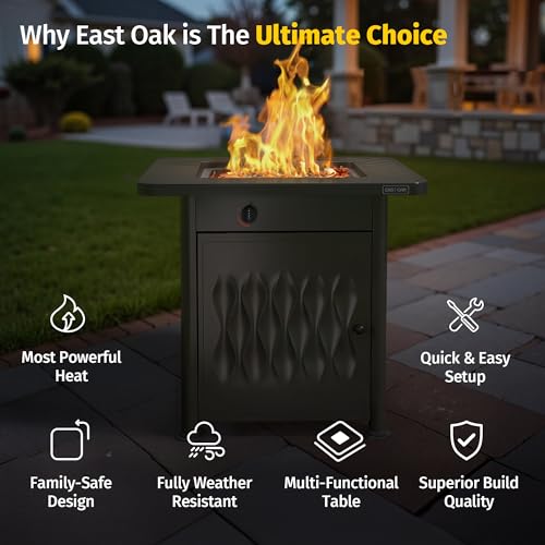 East Oak 28" Upgraded Outdoor Fire Pit Table | 52,000 BTU Fire Pit Table for Outside with Magnetic Lid | Storage Basket & Lava Rocks | CSA Certified for Patio, Garden & Backyard | Black