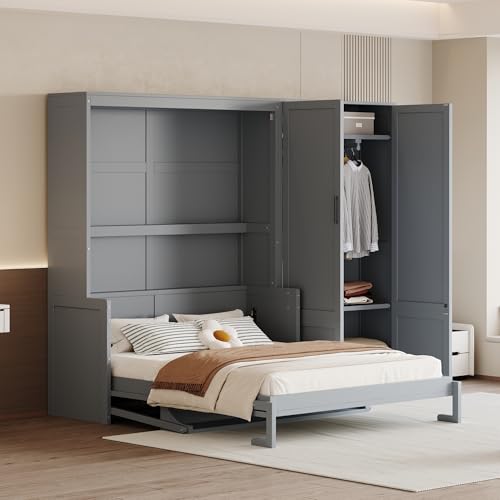 Merax Queen Size Murphy Bed Wall Bed with Closet and Wardrobe Storage for Bedroom,Gray