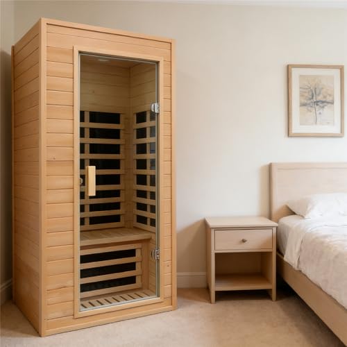 Kanlanth 1 Person Infrared Sauna, Low EMF FAR Infrared Saunas for Home, 1200 watt Canadian Hemlock Indoor Sauna Room with LED Reading Lamp, LCD Display Control, Blue-Tooth Audio