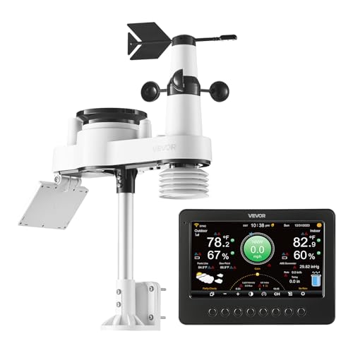 VEVOR 7-in-1 Wi-Fi Weather Station, 7-Inch TFT Display, Wireless Solar Powered Outdoor Sensor, Rain Gauge, Indoor Outdoor for Weather Forecast, Wind Speed Direction, Temperature, Humidity, Rainfall