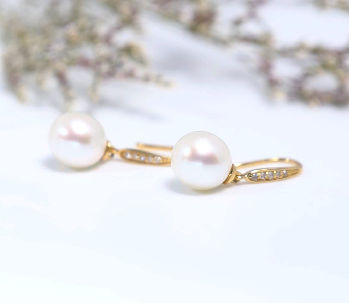 14k Gold Diamond Pearl Necklace and Earrings Set
