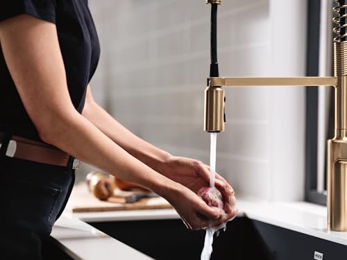 Moen Inara Bronzed Gold Spring Pulldown Kitchen Faucet with Pre-Rinse and Power Boost, Modern Kitchen Faucet, One-Handle Easy Installation, 87863BZG