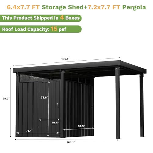 Greesum 2-in-1 Outdoor Storage Shed & Gazebo, 7x8FT Metal Lockable Shed and 7x8FT Open-Sided Pergola, Gutter Design and Transparent Window, for Patio, Garden, Backyard, Gray