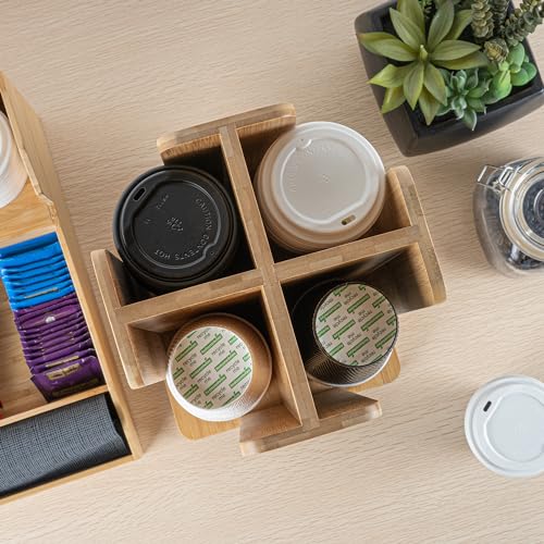 Restaurantware Restpresso 9 x 18 Inch Coffee Cup and Lid Organizer 1 Revolving Cup and Lid Holder - 4 Section Countertop Natural Bamboo Cup and Lid Dispenser For Restaurants Homes or Offices
