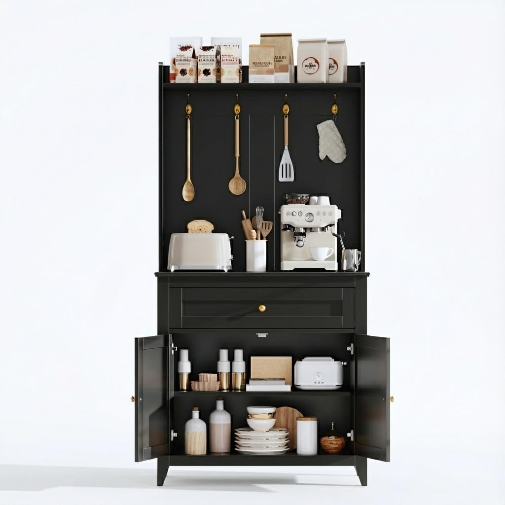 Garvee 63'' Sideboard Buffet Cabinet, 4 Hooks Coffee Bar Cabinet with Drawer & Adjustable Shelves, Kitchen Storage for Kitchen Room, Living Room, Dining Room, Black