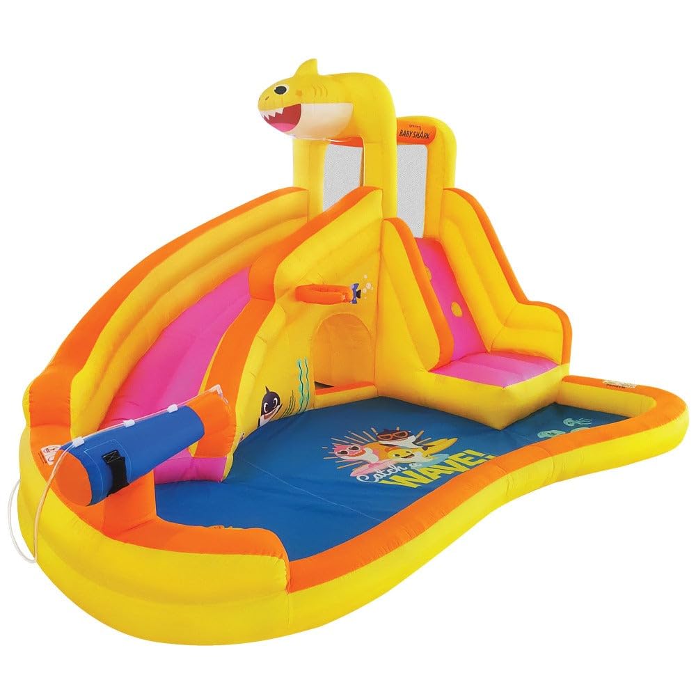 Funormous Baby Shark Bounce House with Slide Wet or Dry, Pink Fong Inflatable Water Slide, Party Outdoor Curve Waterslide Fun, Kids Backyard Water Park, Includes Water Sprayer, Pool & Blower