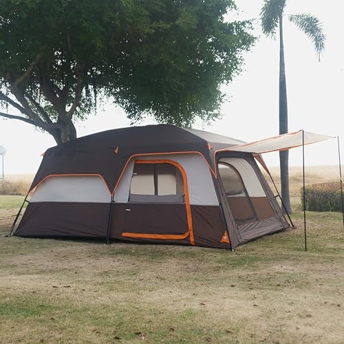 KTT Extra Large Tent 12 Person,Family Cabin Tents,2 Rooms,3 Doors and 3 Windows with Mesh,Straight Wall,Waterproof,Double Layer,Big Tent for Outdoor,Picnic,Camping,Family Gathering(Brown)