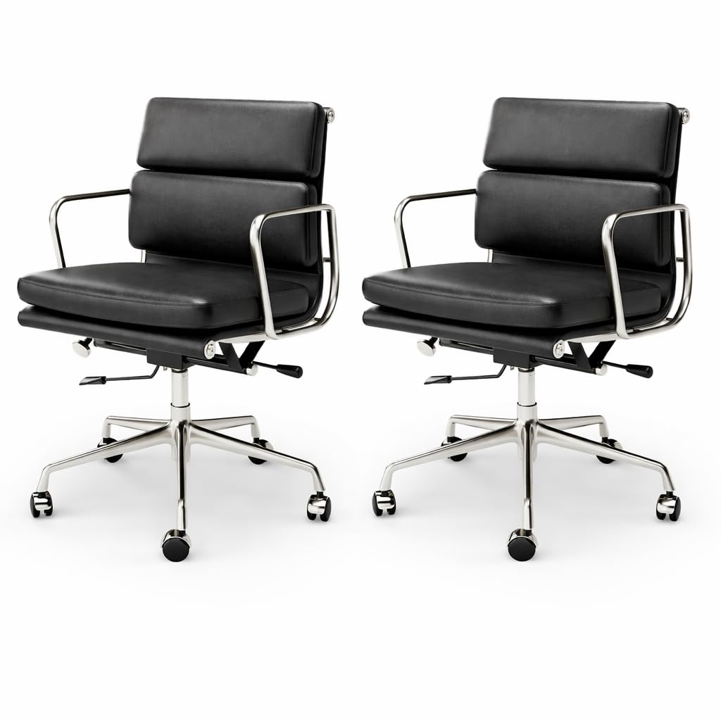 Aekinsly Top Grain Leather Mid-Back Executive Office Chair, Ergonomic Desk Chair with Aluminum Alloy Frame & 5-Star Base, Thick Plush Cushion, Lumbar Support Swivel Chair for Home Office (2, Black)