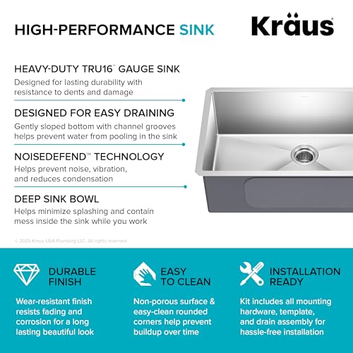 Kraus KHU100-32 Standart PRO 16 Gauge Undermount Single Bowl Stainless Steel Kitchen Sink, 32 Inch