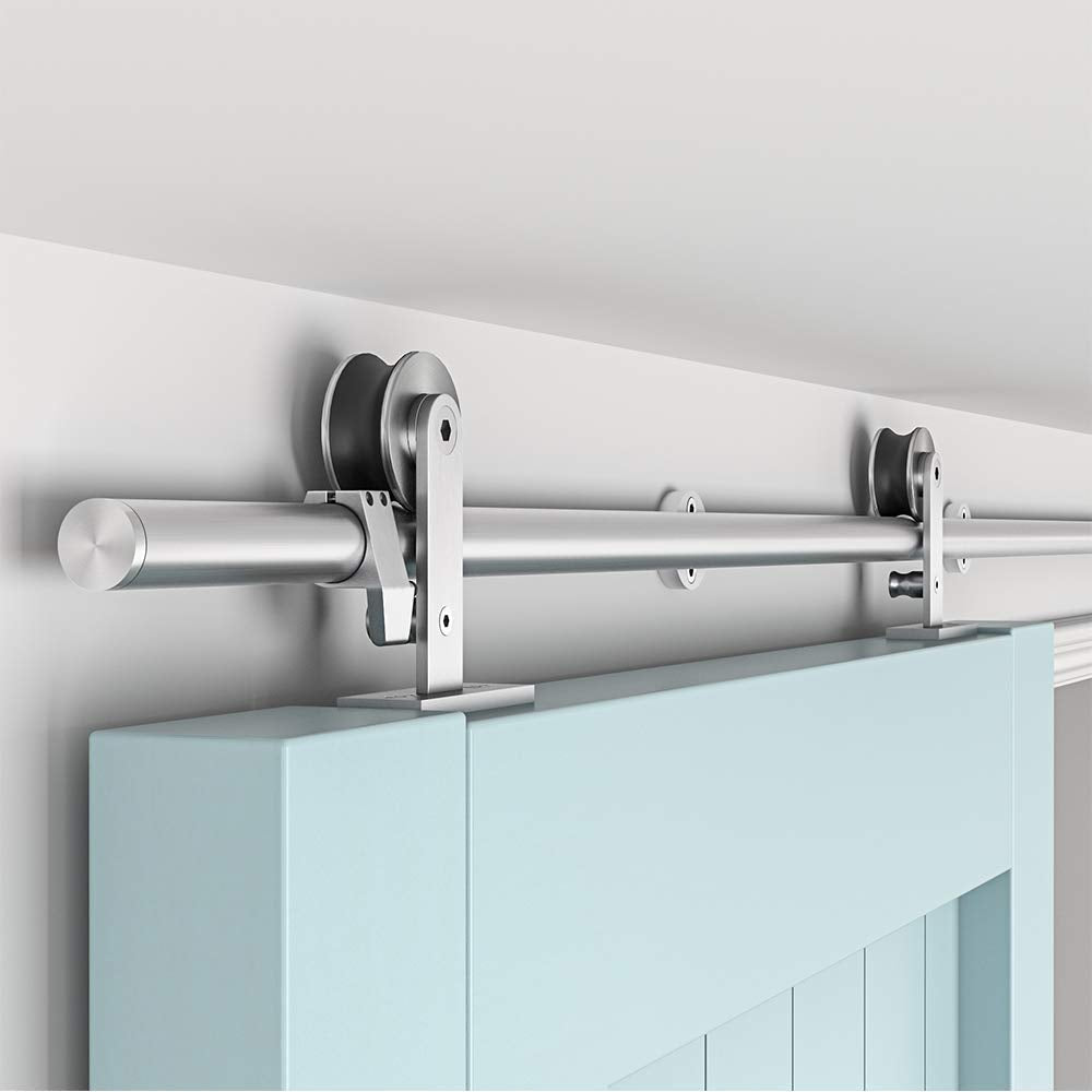 HAHAEMAIL 5FT Top Mount Stainless Steel Sliding Barn Door Hardware Track Kit, Heavy Duty, Anti-Rust, Slide Smoothly Quietly Easy Install 5FT Track Kit for 26"~30" Wide Single Door