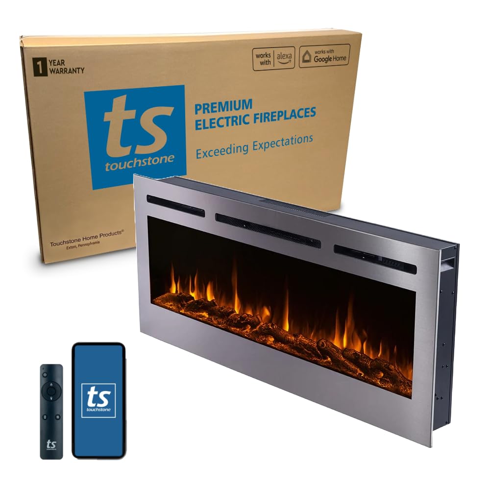 Touchstone Sideline Deluxe -Stainless Steel Smart Electric Fireplace- 60" Wide- Alexa/WiFi-Enabled- in Wall Recessed- 5 Flame Settings- 9 Flame Colors- 1,500W Heater- Log & Crystal Options- 86277