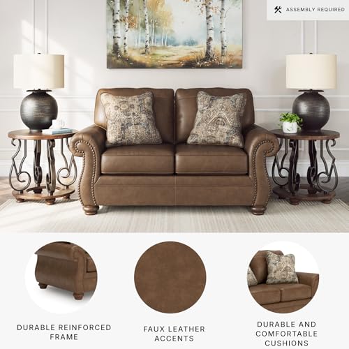 Signature Design by Ashley Shadsburne Rustic Faux Leather Loveseat with Nailhead Trim and 2 Throw Pillows, Brown