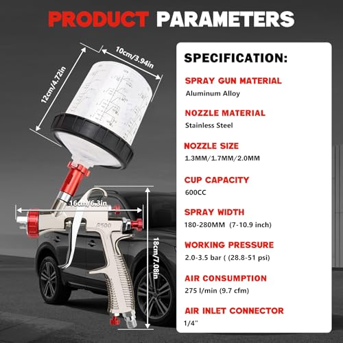 LVLP Air Spray Gun with 1.3/1.7/2.0mm Nozzles & Air Compressor Regulator, Premium Paint Gun Sprayer with 10pcs 600cc Mixing Cups, Automotive Paint Gun for House Painting, Car, Furniture, Fence