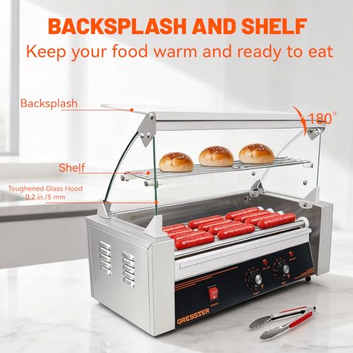 Sovtekr Hot Dog Roller Machine, 5 Rollers 12 Hot Dog Capacity 750W Stainless Dual Temp Control Glass Acrylic Hood, Bun Warmer Shelf Removable Drip Tray, ETL Certified - Commercial & Party Use