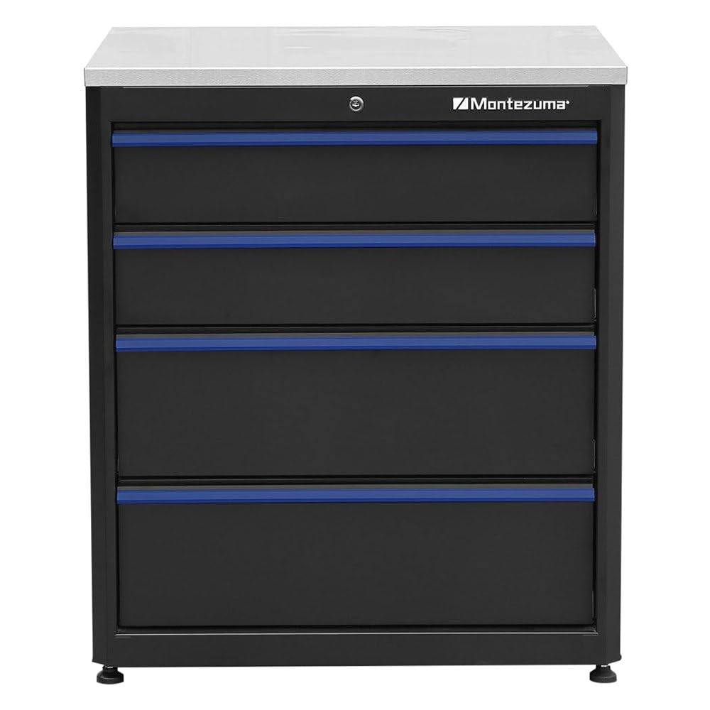 Montezuma Garage Tool Storage System - 30.5 x 24" Locking 4 Drawer Workbench with Ball Bearing Slides & Stainless Steel Worktop - BKMG30244BC