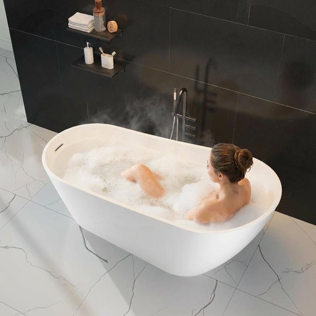 59" Acrylic Freestanding Soaking Bathtub, Free Standing Tub, Stylish Stand Alone Contemporary Soaking Tub with Integrated Overflow and Drain In Chrome, cUPC Certified