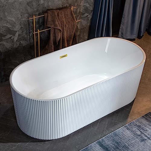 WOODBRIDGE 67" L x 31-1/2" W Freestanding Contemporary Soaking Bathtub,Unique Pleated Design,with Brushed Gold Pop-Up Drain Drain and Overflow Option, White,B1526-BG