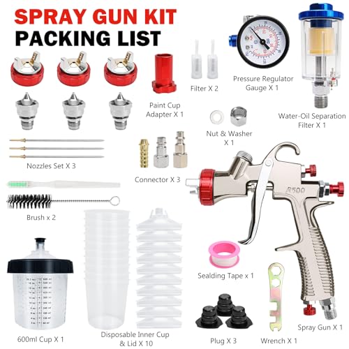 LVLP Air Spray Gun with 1.3/1.7/2.0mm Nozzles & Air Compressor Regulator, Premium Paint Gun Sprayer with 10pcs 600cc Mixing Cups, Automotive Paint Gun for House Painting, Car, Furniture, Fence