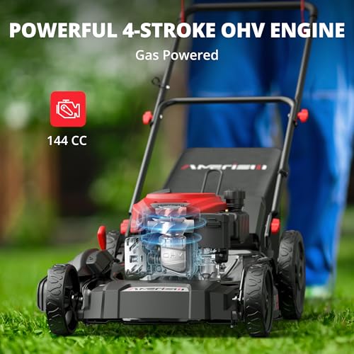 AMERISUN 21" Gas Lawn Mower, 3-in-1 Gas Powered Push Mower, 144cc 4-Stroke OHV Engine, 6 Height Adjustment, Efficient Steel Deck, 1.4 Bushel Grass Catcher with Bagging, Mulching & Side Discharge