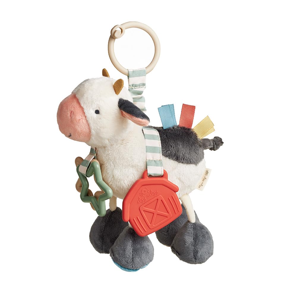 Itzy Ritzy Link & Love Toy for Stroller or Car Seat – Features Textured Ribbons, Crinkle Sounds, Clinking Rings & Silicone Teether – Designed for Ages 0 Months and Up (Cow)