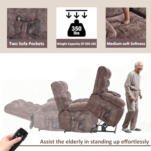 RHHVVR Oversized Power Lift Recliner Chair for Elderly, Dual Motor Lay Flat Recliner Big Chair with Massage and Heating, Chenille Electric Recliner Chairs for Living Room, Medium-Firm, Brown