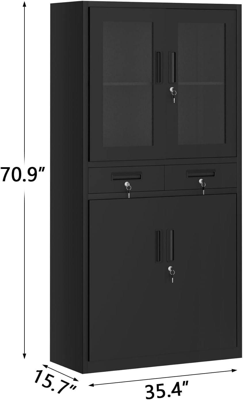 KOKEBREN 71" Black Metal Storage Cabinet w/Glass Doors | 2 Drawers + 2 Adjustable Shelves, Lock Feature | for Garage, Home Office Organization