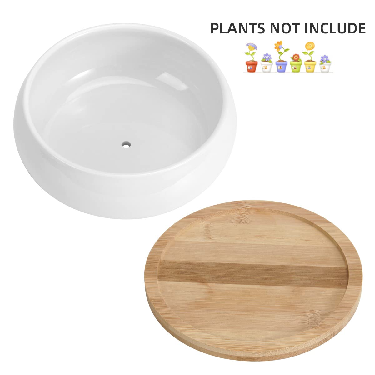 ZOUTOG Succulent Pots, White Mini 3.15 inch Ceramic Flower Planter Pot with Bamboo Tray, 6 inch Ceramic Planters for Indoor Plants, Plants Not Included
