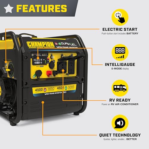 Champion Power Equipment 4,500-Watt Electric Start Dual Fuel RV Ready Portable Open Frame Inverter Generator with Quiet Technology and CO Shield®