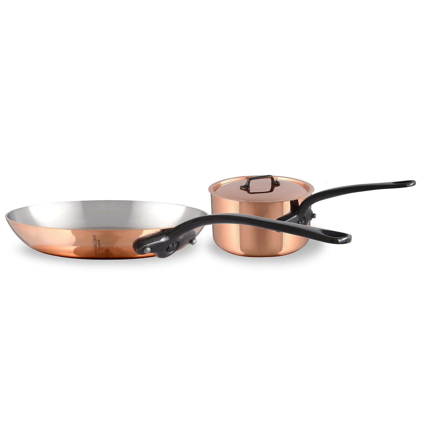 Mauviel M'Heritage 150 CI 1.5mm Polished Copper & Stainless Steel DeLuxe 3-Piece Cookware Set, With Sauce Pan With Lid, 1.8-Qt and Frying Pan 7.8-In, Cast Iron Handles, Made in France