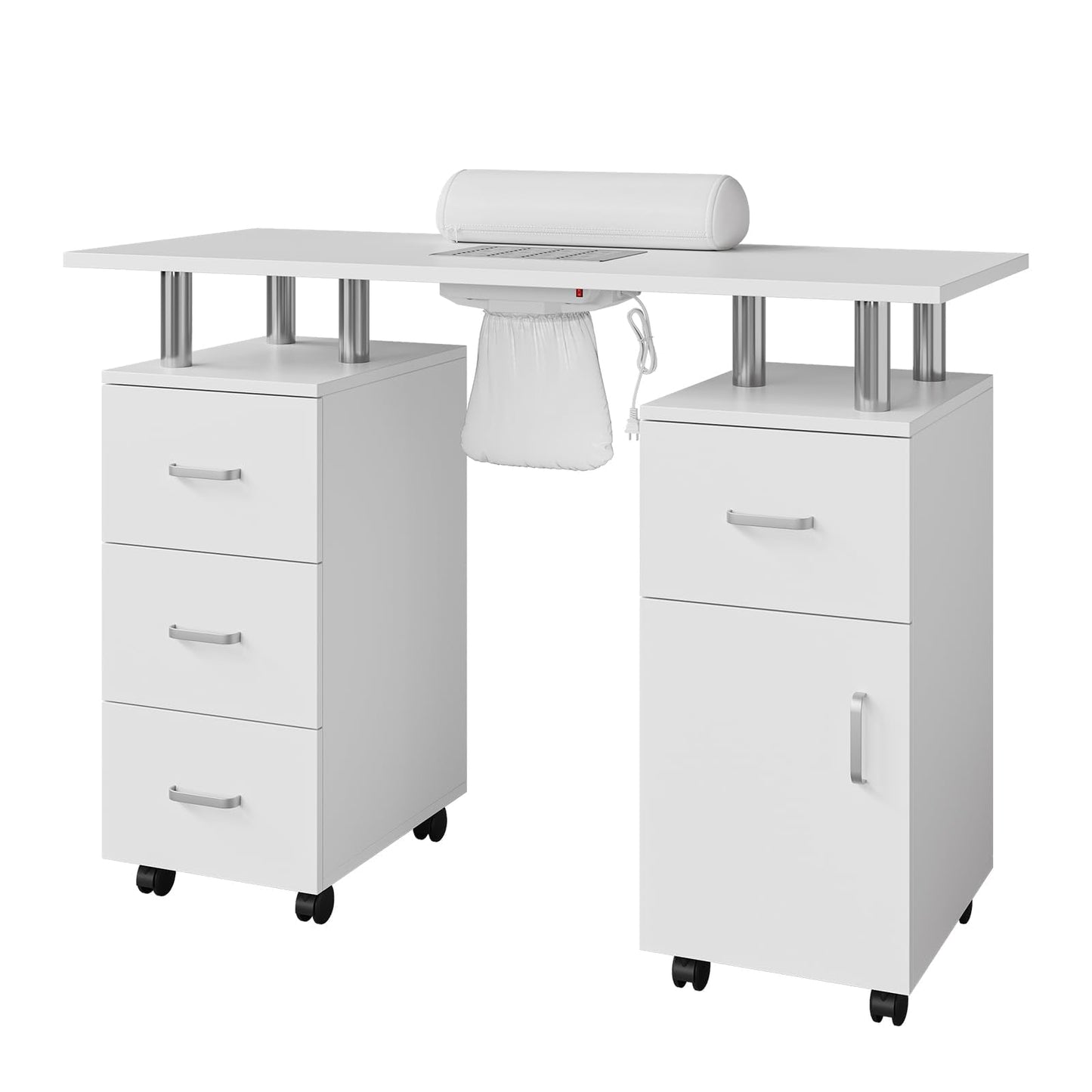 CuisinSmart White Manicure Table with Dust Collector, 42" Nail Desk for Nail Tech with Lockable Wheels, 4 Storage Drawers, Arm Rest, Acetone Resistant Top and Storage Cabinet