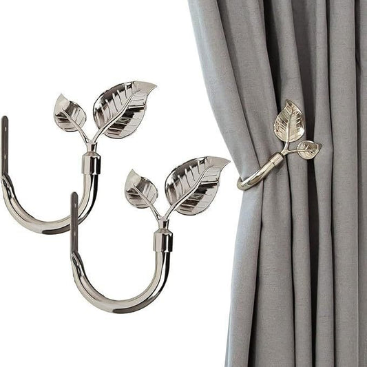 Rbeusau Leaf Shaped Heavy Duty Curtain Holdbacks, Traditional Style Handmade Metal Curtain Tiebacks for Wall, Set of 2 Window Curtain Tieback Hooks for Drapes Window Home Decoration (Nickel)