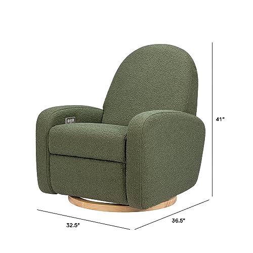 Babyletto Nami Electronic Power Recliner and Swivel Glider with USB Port in Olive Boucle with Light Wood Base, Water Repellent & Stain Resistant, Greenguard Gold and CertiPUR-US Certified