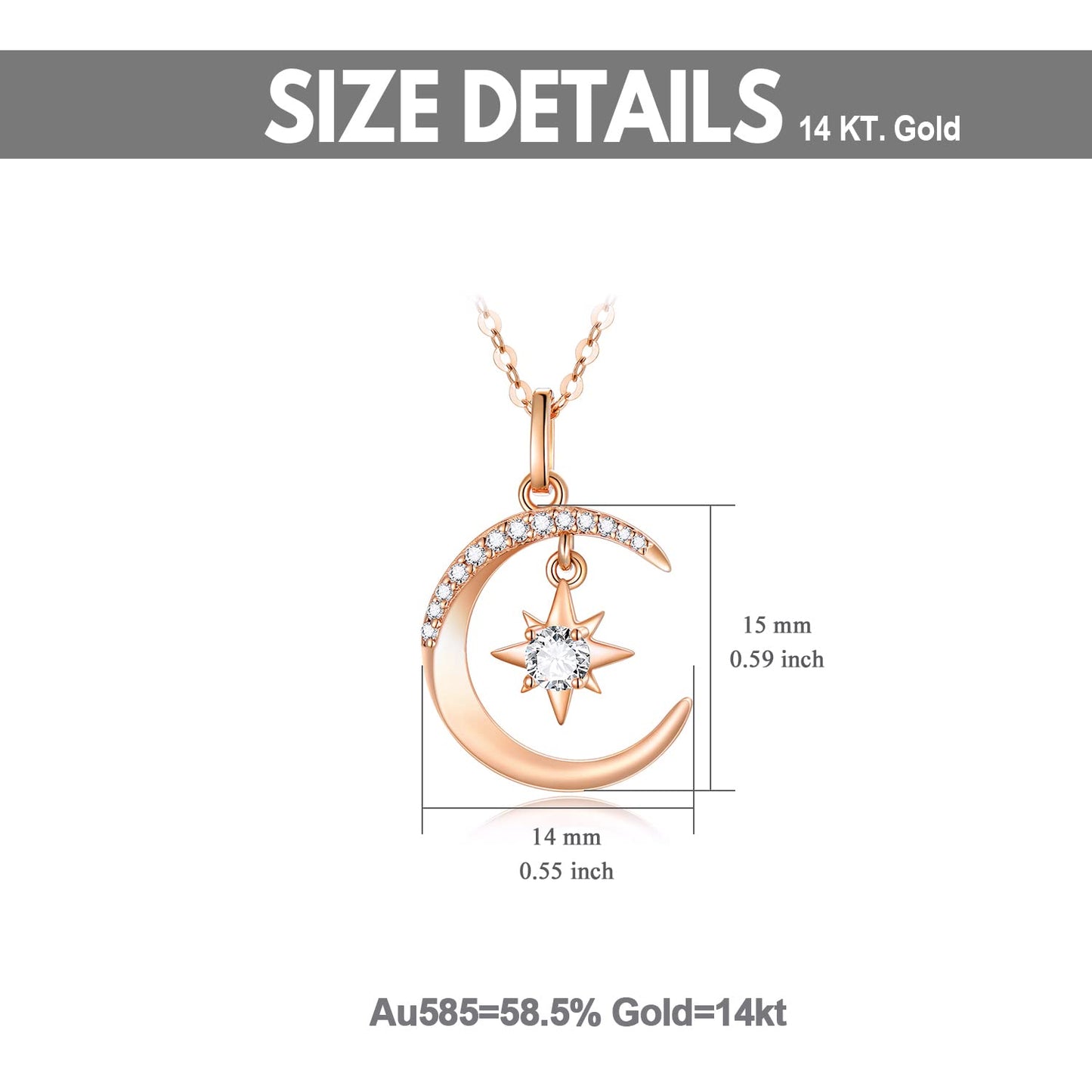 SISGEM 14k Rose Gold Moon and North Star Necklace and Stud Earrings Set, Fine Jewelry for Women