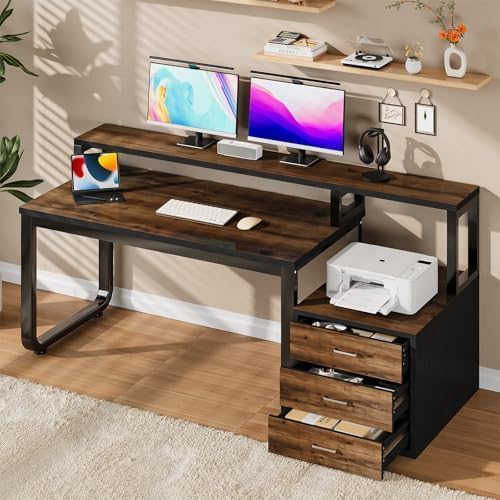 MaverickFurni 67'' Computer Desk with Drawers, Black Desk with Storage and Monitor Stand, Home Office Desk with LED Lights, Black and Walnut