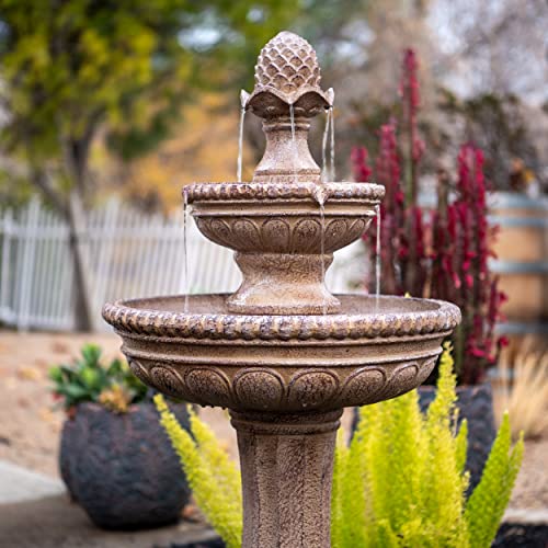 XBrand 39" 2-Tier Outdoor Freestanding Solar Water Fountain – Classic Sand Stone Resin Bird Bath with Pump – Solar Powered Garden Decor for Patio, Yard, Porch, and Lawn