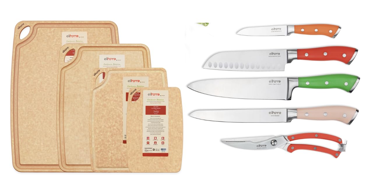 Elihome 4-piece Premium Dishwasher Safe Cutting Board Set with 5-piece Premium Stainless Colorful handle Steel Knife Set