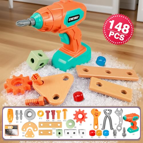 Kids Tool Set with Drill, 148Pcs Toddler Tool Set with Toolbox,STEM Montessori Toys for 3 -5Year Old, Educational Construction Toy, Pretend Play Toys for 3 4 5 6 Year Old Boys, Birthday Gift for Kids