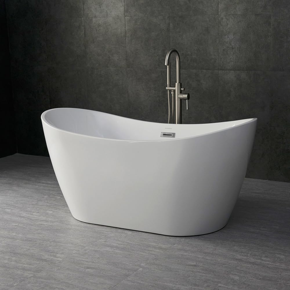 WOODBRIDGE 59" Acrylic Freestanding Bathtub Contemporary Soaking White Tub with Chrome Overflow and Drain