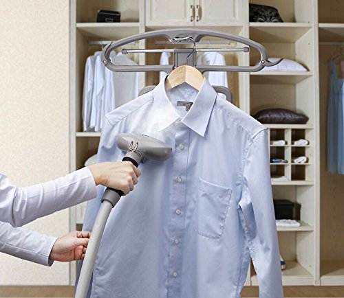 SALAV GS45-DJ Professional Upright Garment Steamer with Roll Wheels, Multi-Function Extra Wide Hanger, Fabric Brush & Mini Ironing Paddle, 1500 watts, Silver