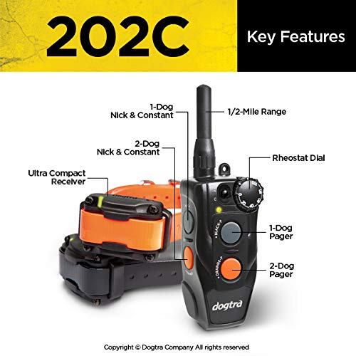Dogtra 202C Remote Training E-Collar - 1/2 Mile Range - 2-Dogs System, Static, Vibration, Medium Output, Adjustable Levels, Waterproof, Electric Dog Collar for Basic Training of Small, Medium Dogs