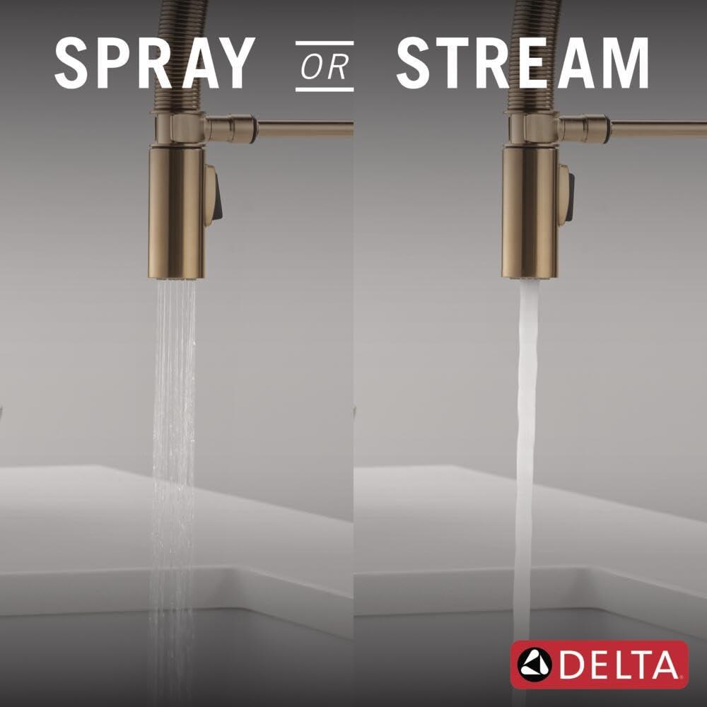 Delta Trinsic Pro Style Commercial Kitchen Faucet with Pull Down Sprayer, Single Hole Brushed Gold Kitchen Sink Faucet, Single Handle, Champagne Bronze 9659-CZ-DST