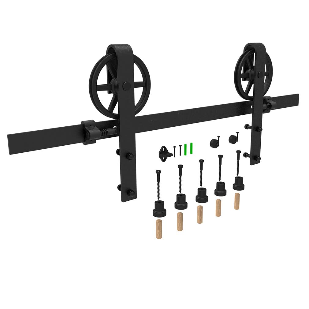 CCJH 20ft Heavy Duty Sturdy Sliding Barn Door Hardware Kit -Smoothly and Quietly -Fit 120 inch Door Panel (Big Spoke Wheel Hanger J Style)