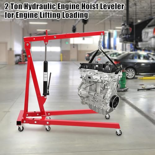 2 Ton Folding Hydraulic Engine Hoist with Load Leveler 4400 LBS Capacity Heavy Duty Cherry Picker 6 Swivel Wheels&Hydraulic Pump Adjustable Boom (0.5T-2T) for Garage Workshop Warehouse Orange