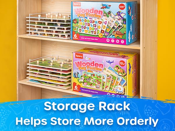 SYNARRY Wooden Puzzles for Toddlers 1-3, 6XSET Puzzles for Toddlers 2-4 with Rack, Learning Alphabet Number Animal Dinosaur Vehicle for Kids, Education Toys for 2 3 Years Boys Girls