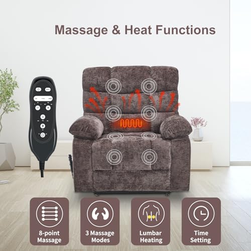 RHHVVR Oversized Power Lift Recliner Chair for Elderly, Dual Motor Lay Flat Recliner Big Chair with Massage and Heating, Chenille Electric Recliner Chairs for Living Room, Medium-Firm, Brown
