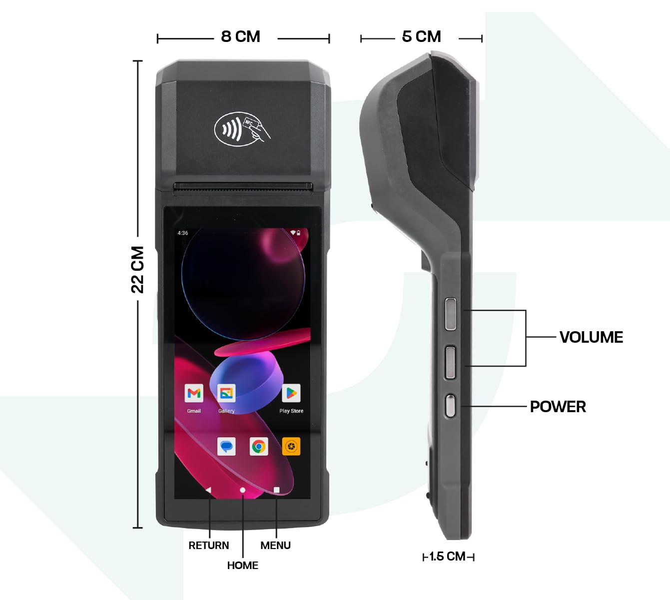Multzo POS Android 14 Receipt Printer Android 14 and 58mm High Speed Thermal Printer 5.5’ Touch Screen. Handheld Point of Sale with NFC and 4G Network. 3GB Ram+32GB ROM